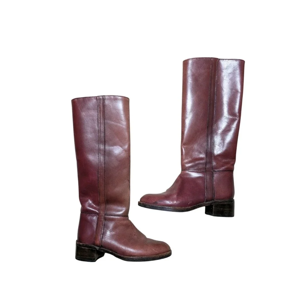 Vintage Leather Boots Womens‎ 6 M Red Brown Made in Uruguay Mid Calf Riding Zip